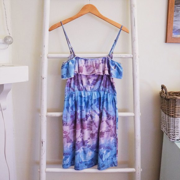 Volcom Blue Purple Tye Dye Ruffle Mini Dress - Picture 2 of 2